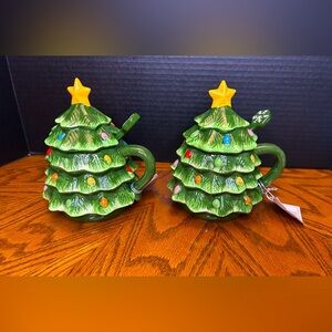 Mr. Christmas Green Nostalgic Tree Mug w/ Lid Spoon 16 oz Classic Set of 2 NEW